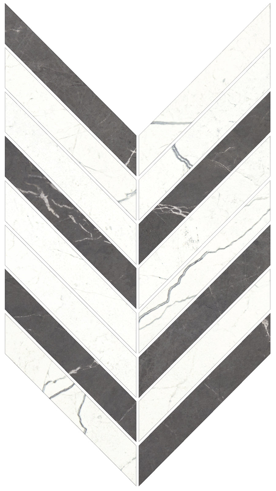 Chevron pattern featuring alternating dark gray and white tones with marble-like veining, arranged in a repeating V-shape for a honed look. Discover luxury with Monaco Chevron Mosaic Porcelain Tile.