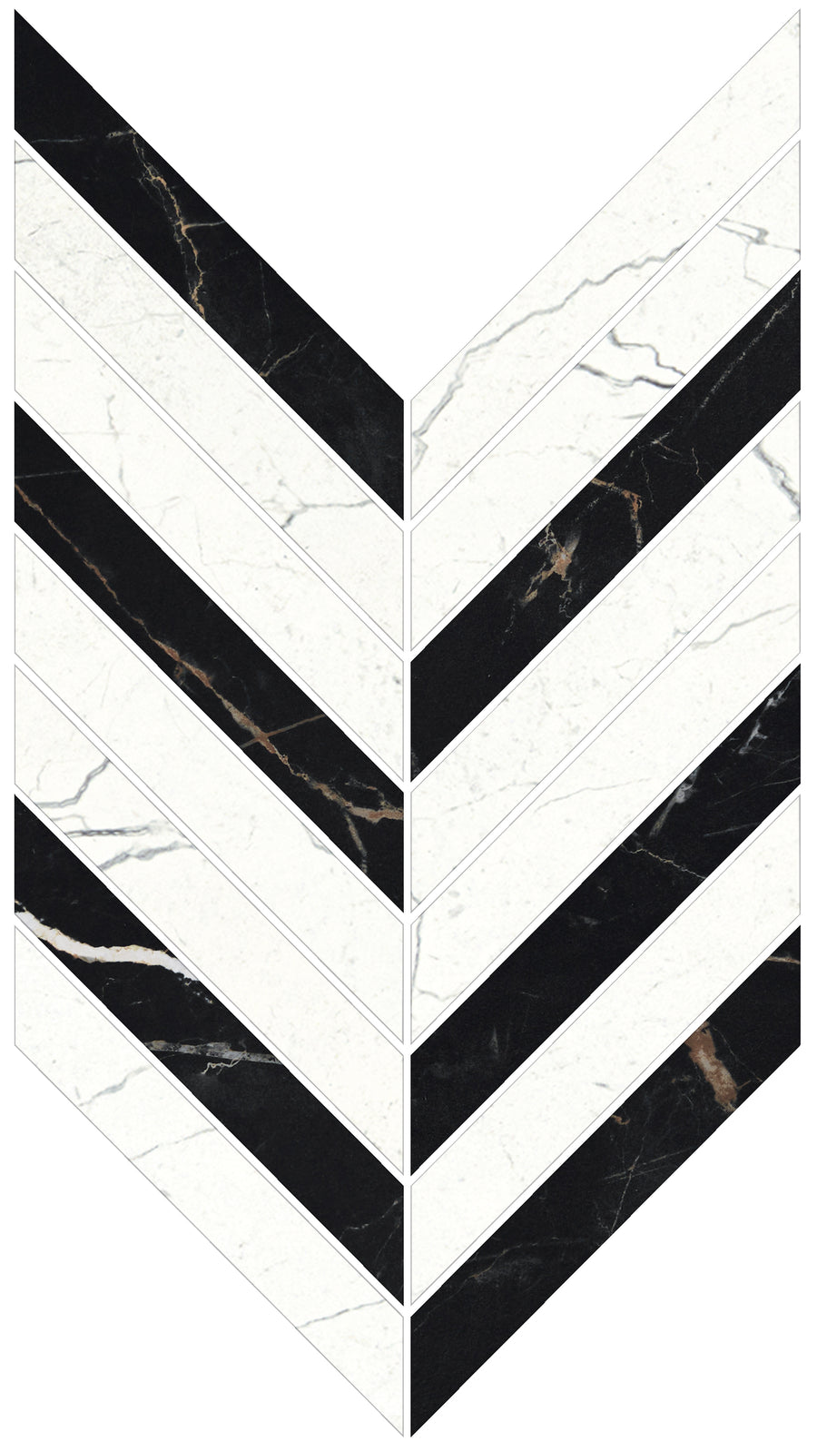 The Monaco Chevron Mosaic Porcelain Tile features a honed marble look with alternating black and white stripes in a V-shaped chevron pattern on a white background, offering the elegance of luxurious tile design.