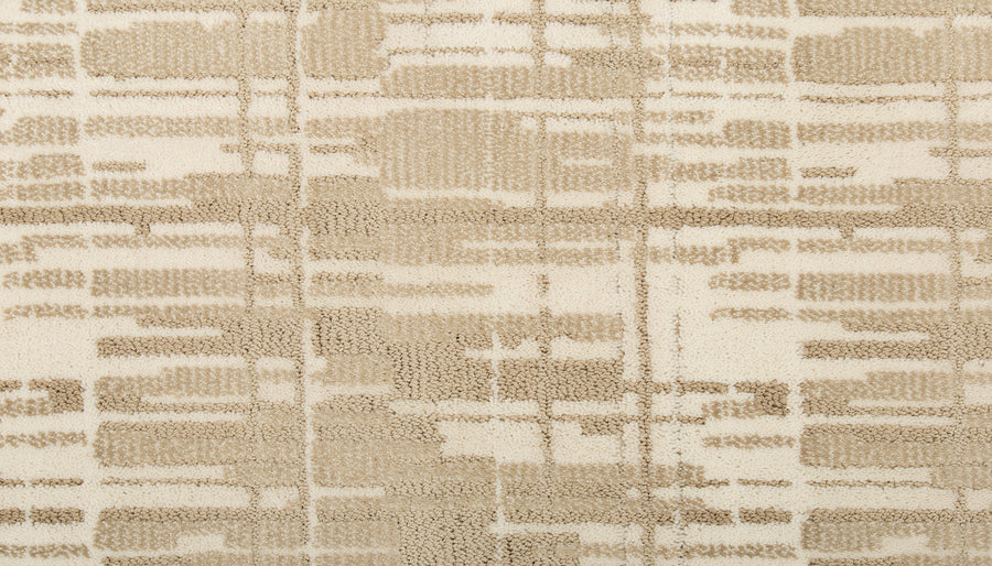Tartan Veil On Trend Carpet features a beige and tan Smartstrand blend with an abstract geometric pattern of intersecting lines and rectangles on a light background. Its soft, slightly raised texture offers an elegant flooring choice for any space.