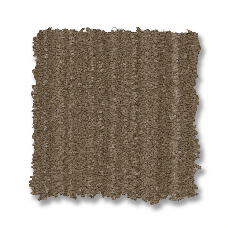The Magnifique On Trend Carpet is a brown, textured square sample with subtle stripes and slightly uneven edges, displayed on a white background to highlight its unique character and timeless style.