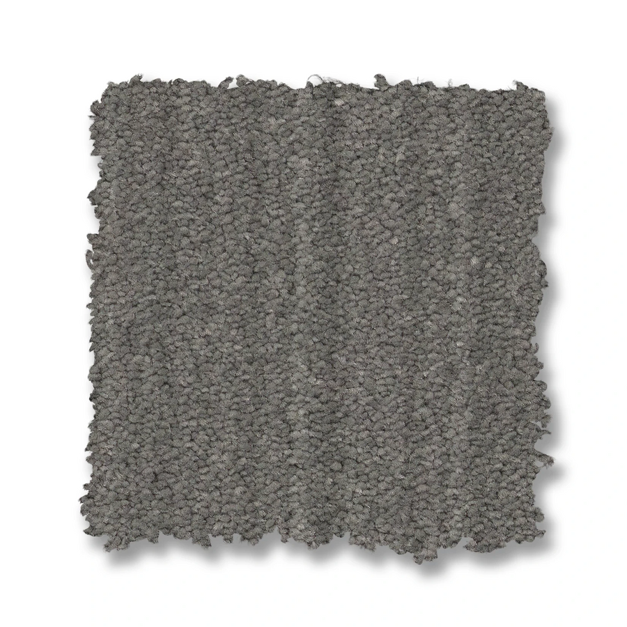 A square swatch of Magnifique On Trend Carpet in textured gray looped pile is shown on a white background—perfect for adding timeless beauty to any home.