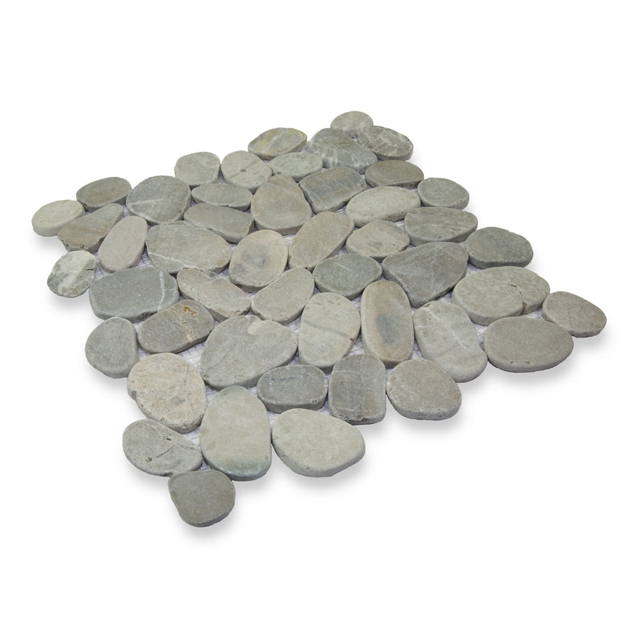 The Level Pebble Square Interlock Natural Stone mat features smooth, flat, oval gray river stones arranged in an interlocking pattern for a level pebble surface, shown against a white background.