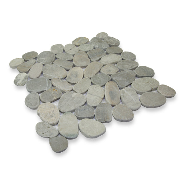 The Level Pebble Square Interlock Natural Stone mat features smooth, flat, oval gray river stones arranged in an interlocking pattern for a level pebble surface, shown against a white background.