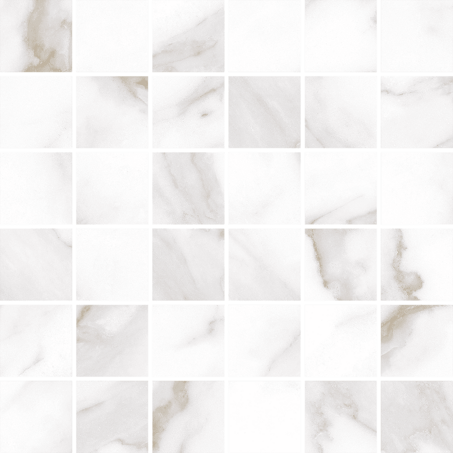 The Glam 2x2 Mosaic Porcelain Tile features square white tiles with elegant gray and beige veining, arranged in a neat grid. Its smooth, polished surface offers a clean, modern look ideal for walls or floors.