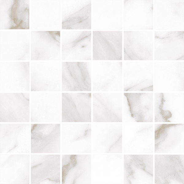 The Glam 2x2 Mosaic Porcelain Tile features square white tiles with elegant gray and beige veining, arranged in a neat grid. Its smooth, polished surface offers a clean, modern look ideal for walls or floors.