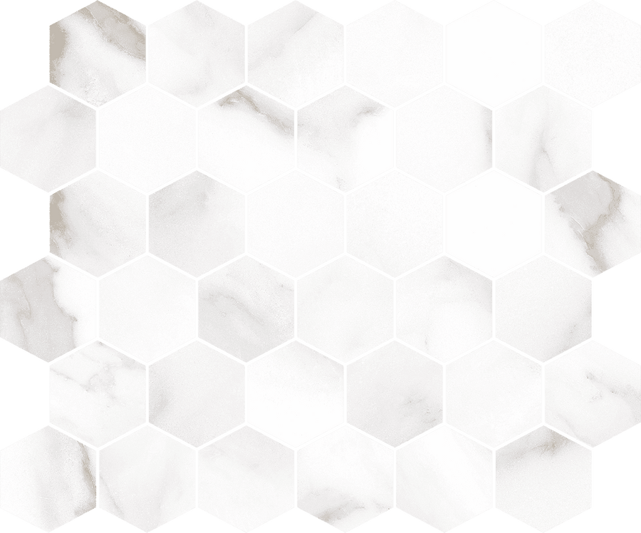 The Glam 2" Hexagon Mosaic Porcelain Tile features a white hexagonal design with elegant gray marble veining in a repeating pattern. Its glossy finish brings brightness and sophistication, perfect for creating a clean, modern look in any space.