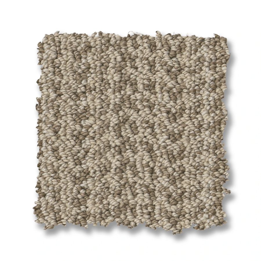 A square sample of Marquet On Trend Carpet in beige, featuring a loop-pile, contemporary woven texture and a subtle braided pattern, displayed on a white background.