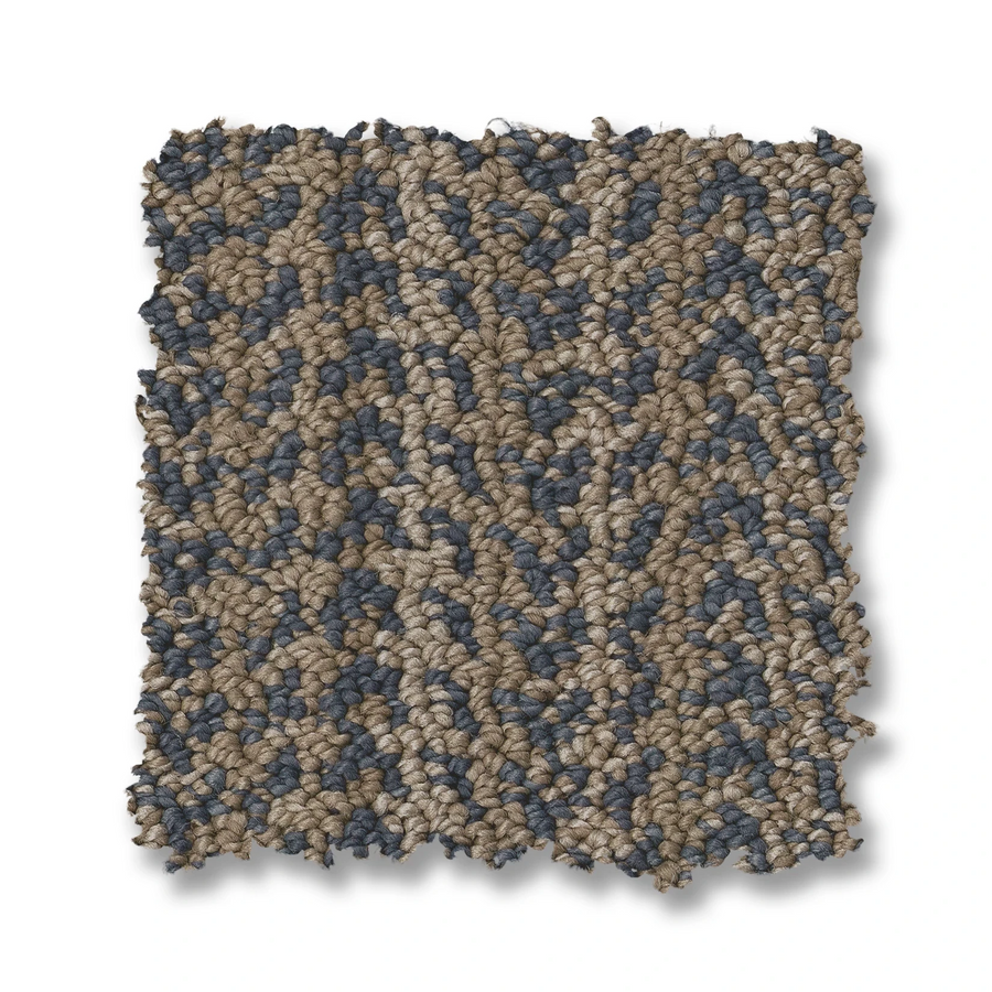The Marquet On Trend Carpet swatch features a looped texture and speckled pattern in beige, brown, and grayish-blue fibers. This contemporary square sample is displayed against a white background.