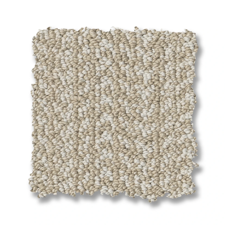 A square swatch of Marquet On Trend Carpet in textured beige with looped fibers and a mix of light and slightly darker tones, displayed on a white background.