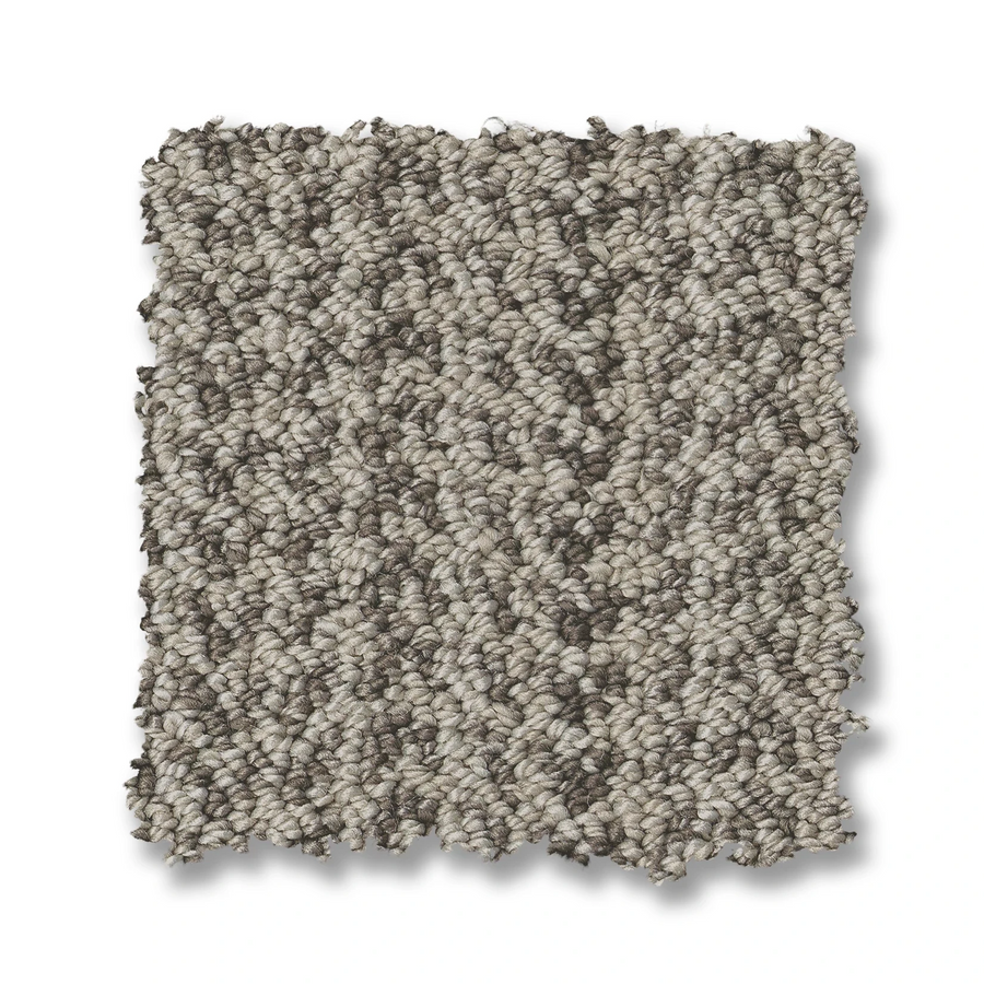 A square swatch of Marquet On Trend Carpet, showcasing contemporary grey and beige tones with a textured loop surface, displayed on a white background.