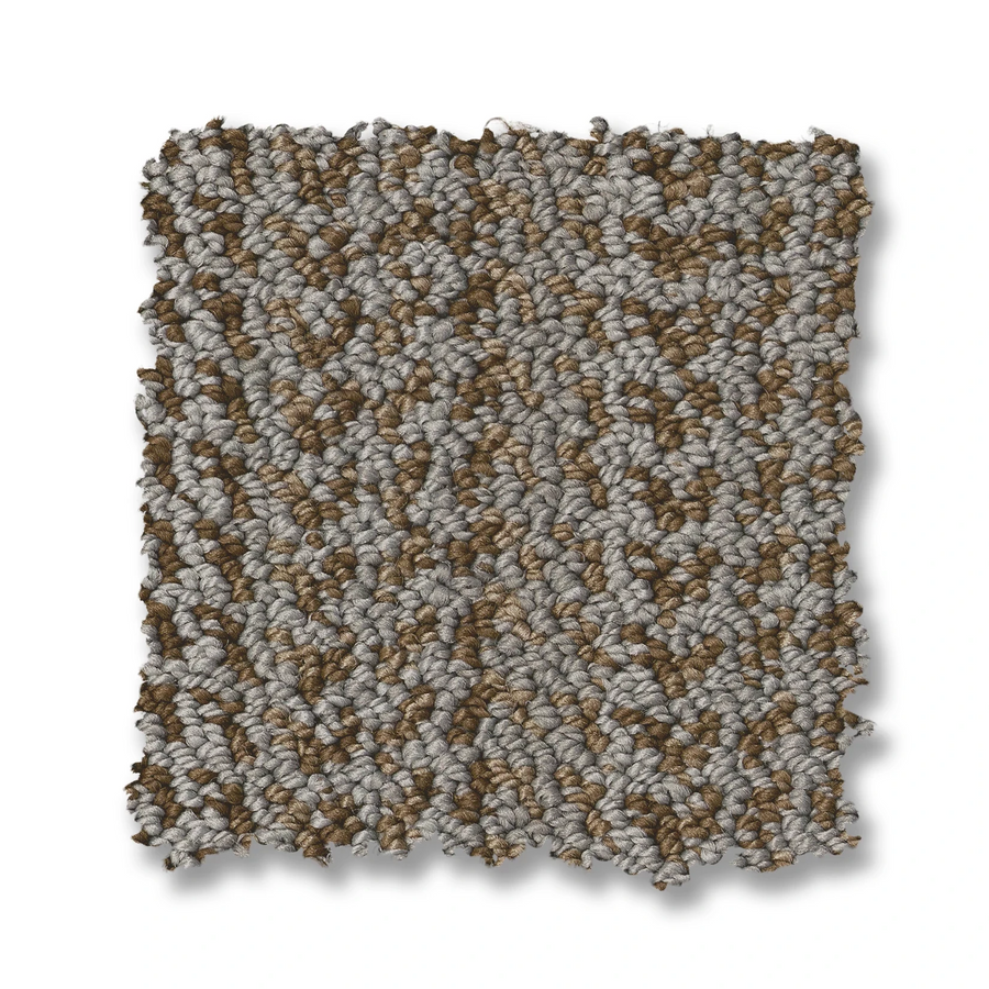 A square swatch of Marquet On Trend Carpet with a textured loop and subtle braided pattern in mixed brown and gray tones, shown on a white background.