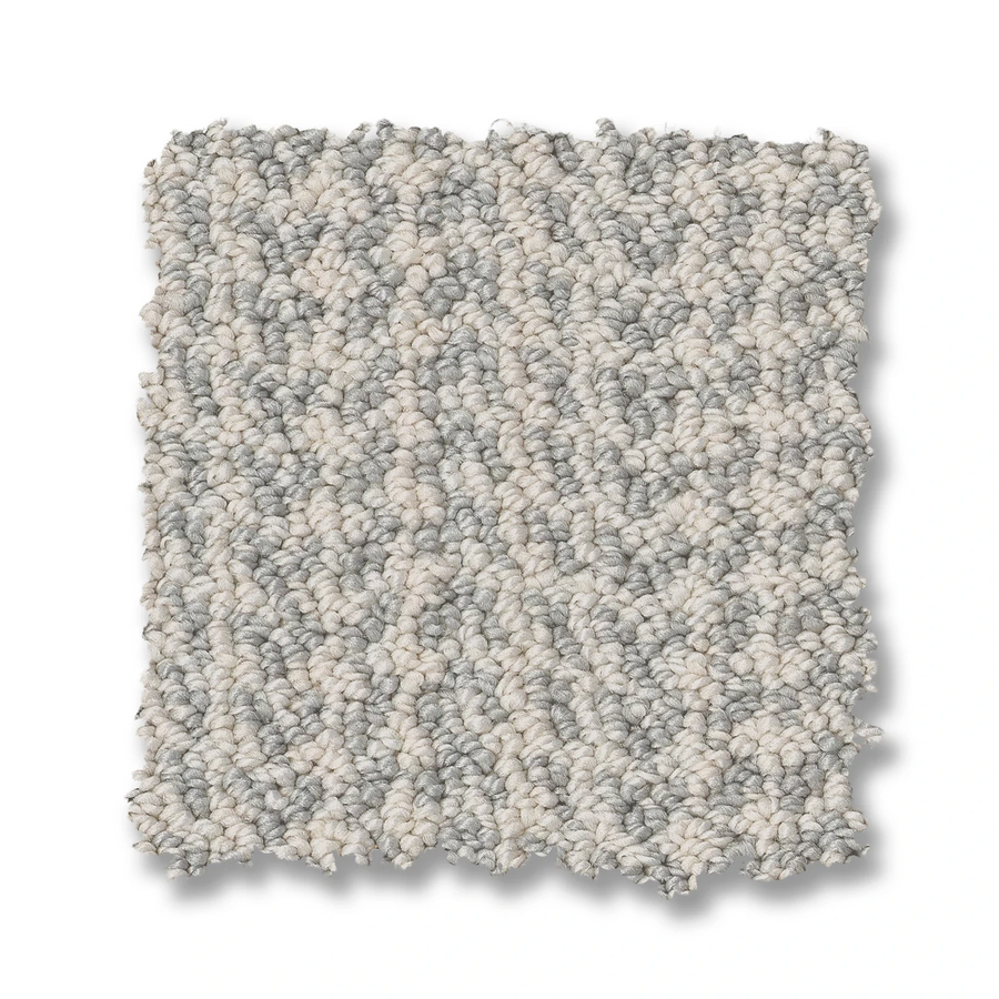 A square swatch of Marquet On Trend Carpet in light gray and off-white is shown on a white background, featuring tightly packed small loops and a subtle speckled pattern for a modern, contemporary look.