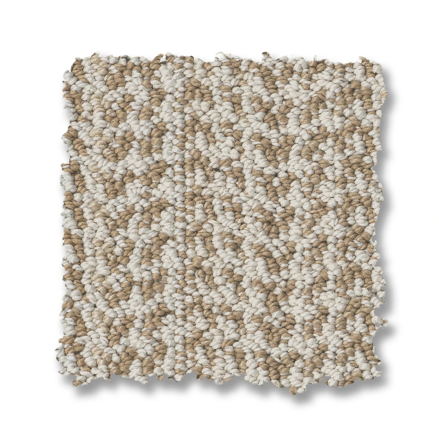The Marquet On Trend Carpet is a rectangular swatch in beige and light brown tones, featuring a textured, speckled pattern. The edges are slightly uneven and the swatch is displayed on a white background.