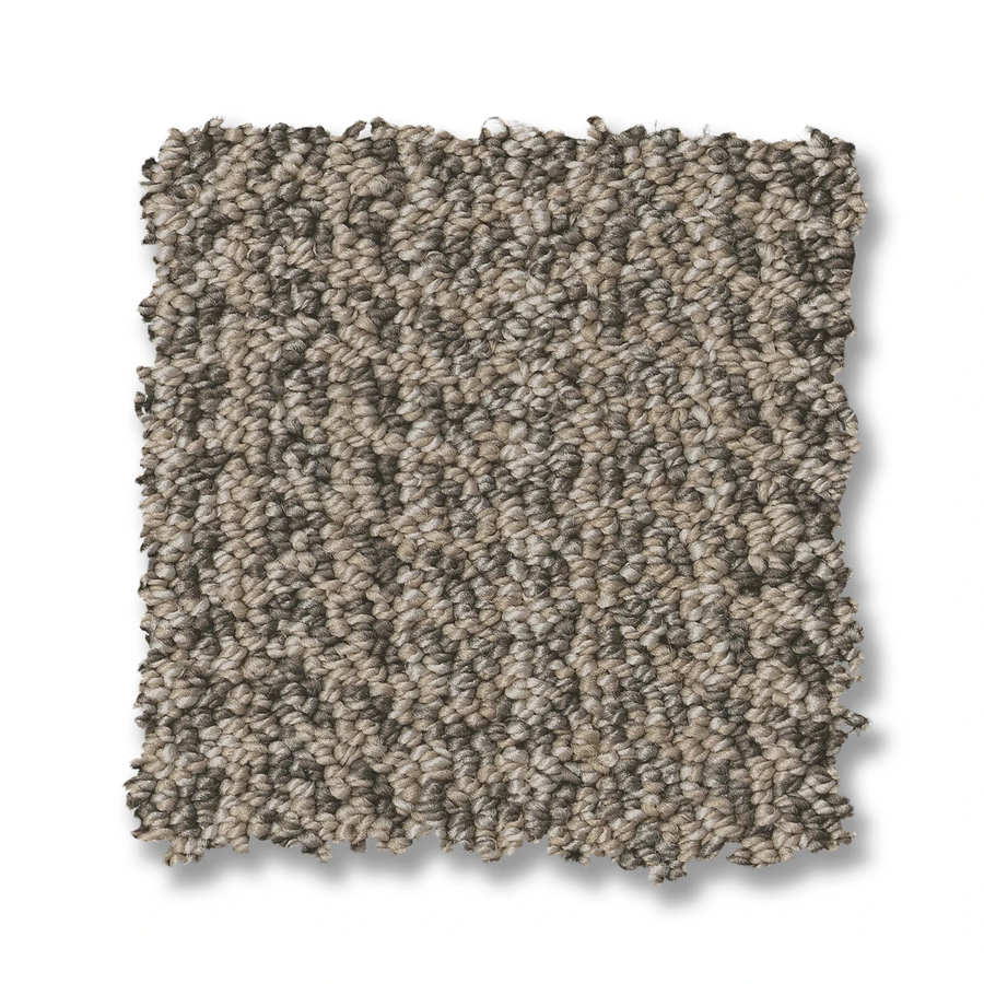A close-up of a rectangular swatch of Marquet On Trend Carpet in beige and gray, featuring a looped, braided pattern with uneven edges, displayed on a white background.