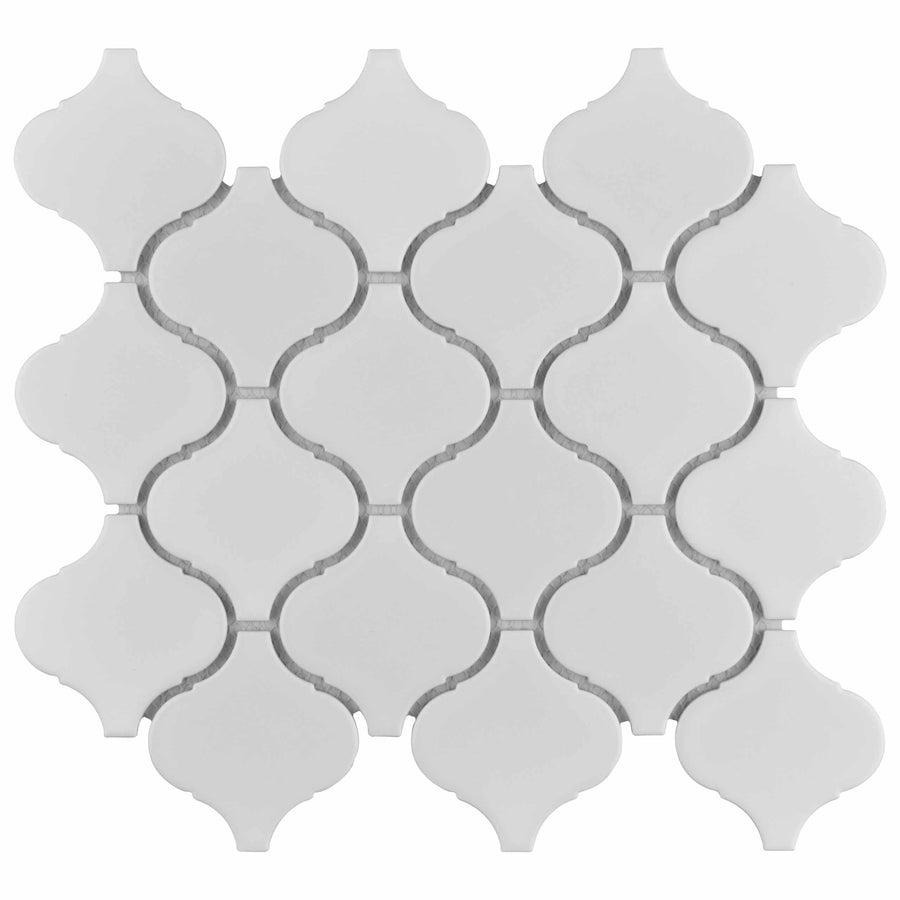 The Metro Lantern Mosaic Tile features a repeating arabesque pattern in light gray and white, with interlocking rounded shapes—perfect as a stylish geometric option for both floor and wall tile applications.