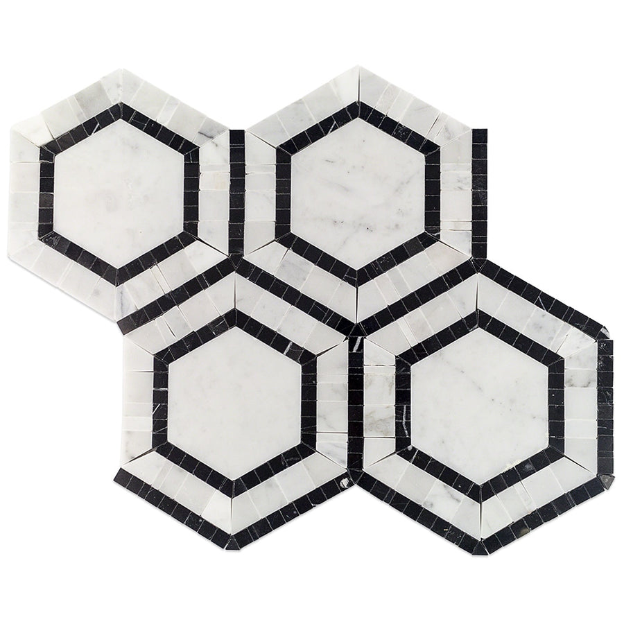 The Metrology Hexagon Mosaic features four white hexagonal tiles with smaller black hexagons, creating a bold geometric marble design—ideal for bathroom or hallway floors.