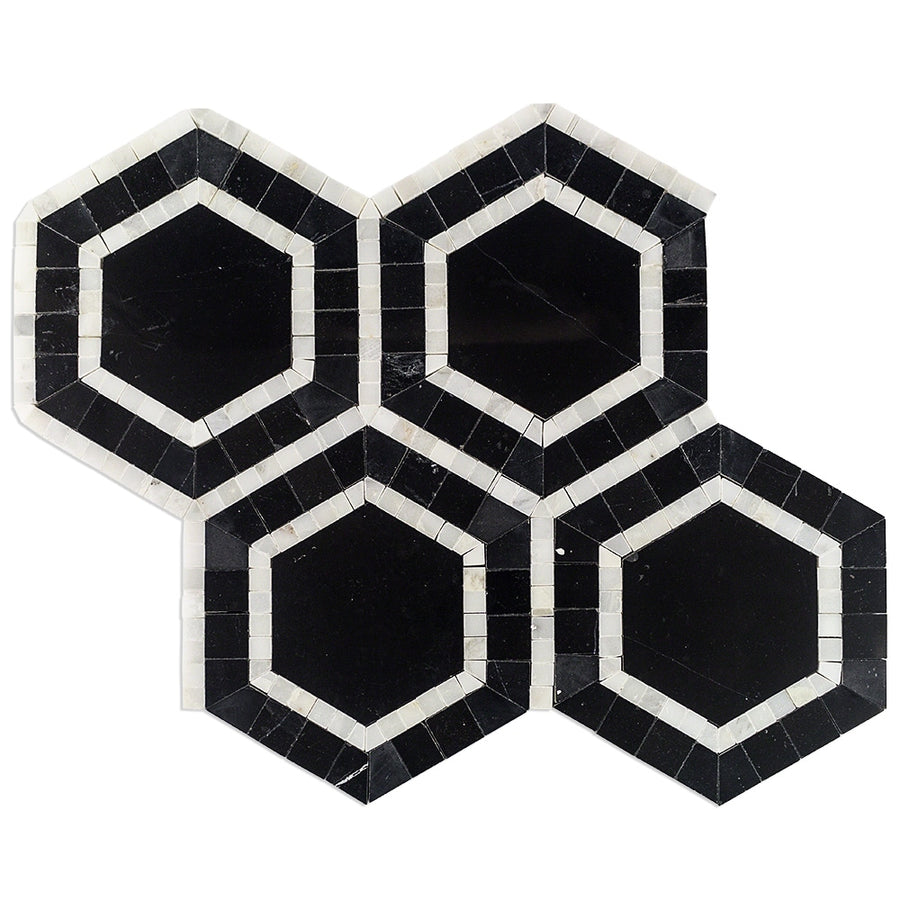 The Metrology Hexagon Mosaic features five interconnected black hexagons with thin black and white borders, creating a bold geometric pattern—ideal for adding style to hallway or bathroom floors against a white background.
