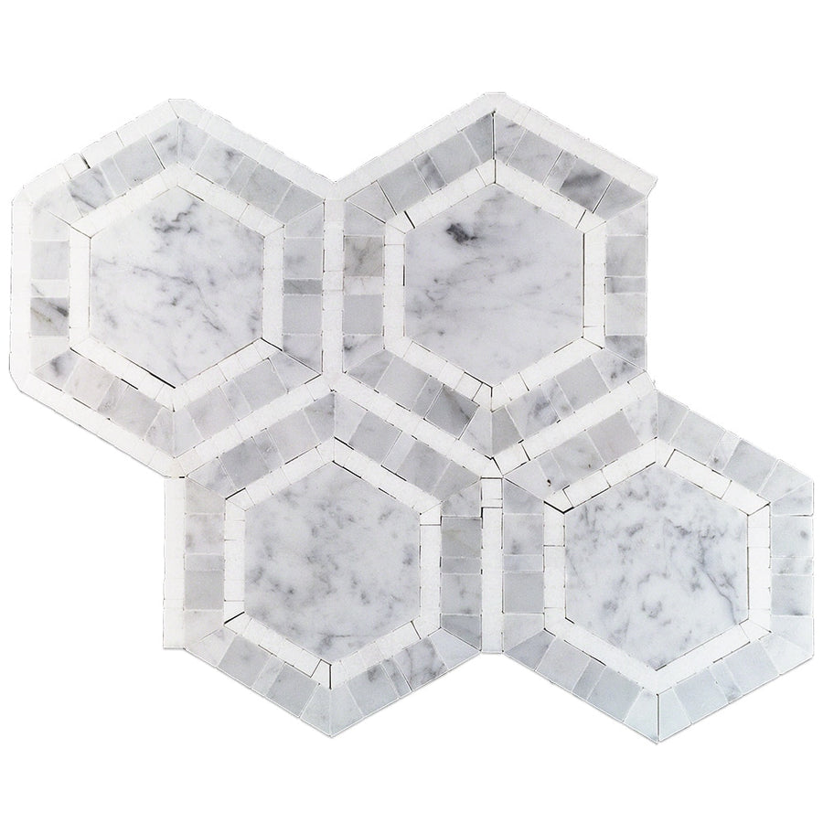 Metrology Hexagon Mosaic features hexagon marble tiles bordered by small rectangles and trapezoids in white and gray, creating a geometric, modern look—ideal for stylish bathroom or hallway floors.
