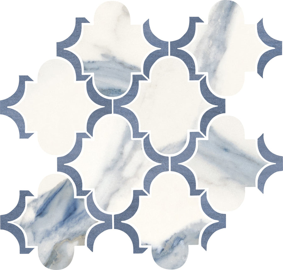 A close-up of the Milan Arabesque Polished Mosaic Porcelain Tile, showcasing its marble-look design.