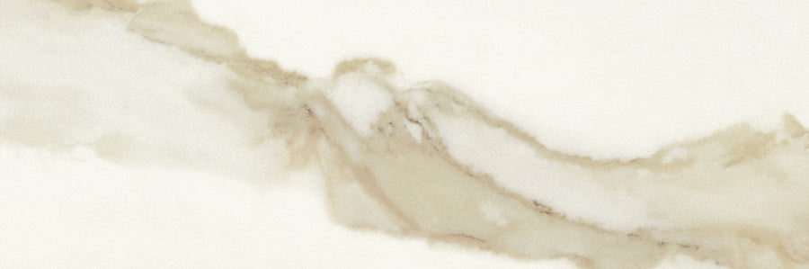 Subtle beige and light brown veins run diagonally across the smooth, off-white surface of the Milan 4x12 Polished Porcelain Tile, capturing a timeless marble look.