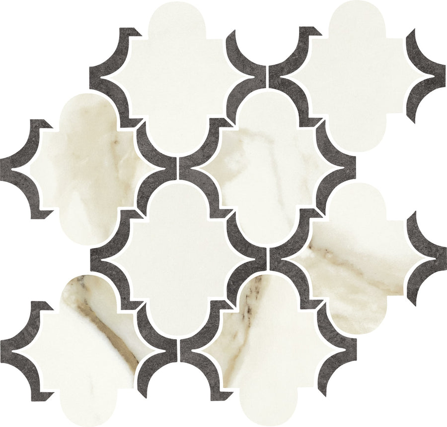 The Milan Arabesque Polished Mosaic Porcelain Tile features cream and beige marble-look pieces outlined by dark gray lines, creating a striking geometric pattern with interlocking tile shapes.