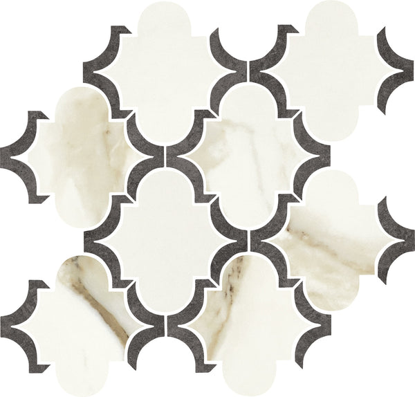 The Milan Arabesque Polished Mosaic Porcelain Tile features cream and beige marble-look pieces outlined by dark gray lines, creating a striking geometric pattern with interlocking tile shapes.