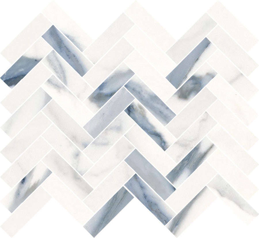 Milan 1x3 Herringbone Polished Mosaic Porcelain Tile features a white marble look with light gray and blue veining, creating a striking herringbone zigzag pattern.
