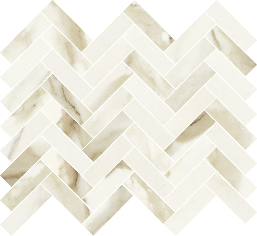 The Milan 1x3 Herringbone Polished Mosaic Porcelain Tile features a marble-look design in cream, white, and light beige tones with subtle veining, arranged in a herringbone pattern.