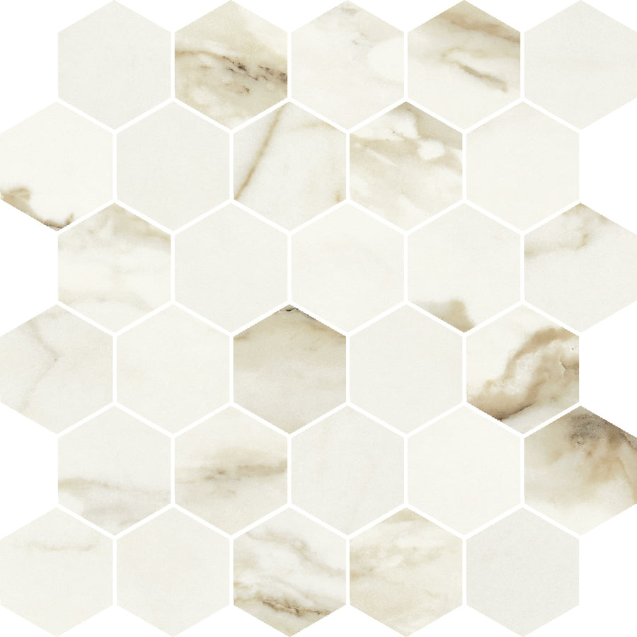 The Milan 2" Hexagon Matte Mosaic Porcelain Tile features a honeycomb pattern in creamy white and light beige tones with subtle natural veining, offering a stylish marble look.