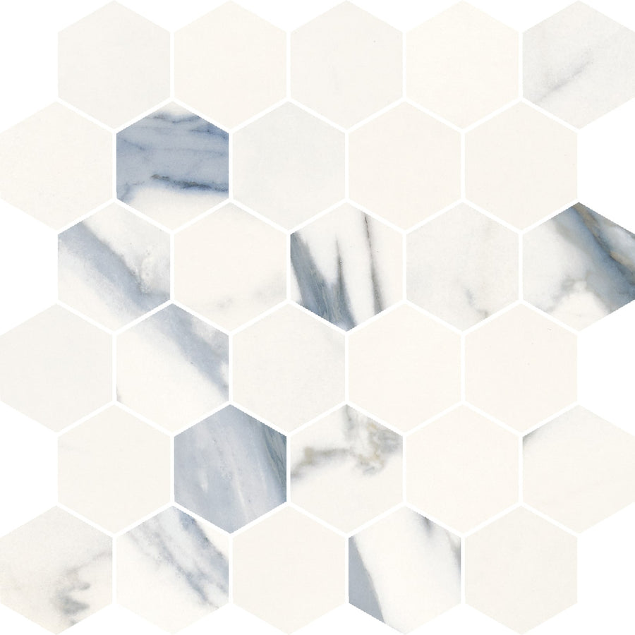 The Milan 2" Hexagon Matte Mosaic Porcelain Tile features a honeycomb pattern of white hexagons, accented with subtle gray and blue marble-look veining among the solid white tiles.