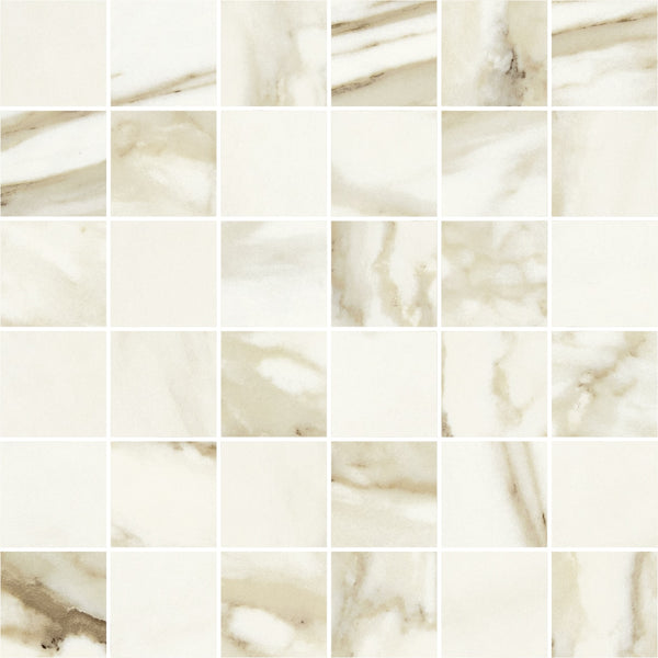 The Milan 2x2 Matte Mosaic Porcelain Tile features a grid of square tiles with a creamy white base and soft beige and gray veining, offering a natural marble look in an elegant pattern.