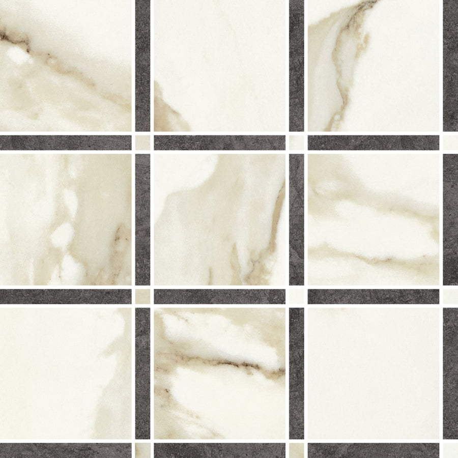 A grid of Milan Timeless Matte Mosaic Porcelain Tile, featuring cream and beige veining separated by dark gray grout, creates a checkerboard pattern with natural stone textures.