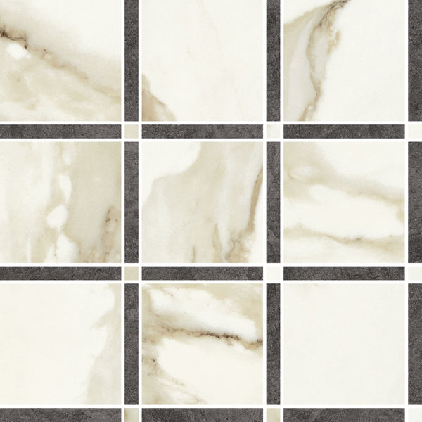 A grid of Milan Timeless Matte Mosaic Porcelain Tile, featuring cream and beige veining separated by dark gray grout, creates a checkerboard pattern with natural stone textures.