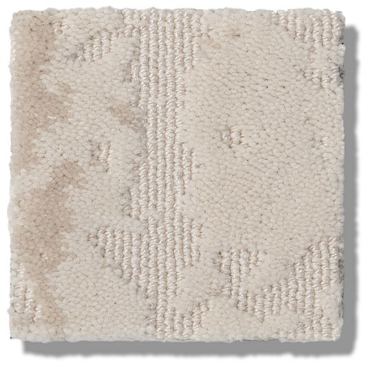 The Ming On Trend Carpet is a rectangular off-white swatch with a textured, raised abstract pattern. Made from luxurious yarns, it features soft, plush light neutrals and subtly uneven edges for added character.