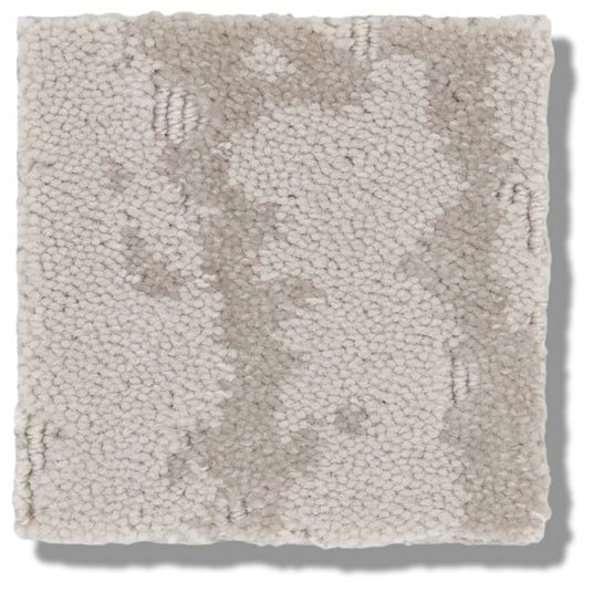 The Ming On Trend Carpet is a square swatch of textured, looped carpet in light beige and taupe with luxurious yarns and subtle abstract patterns, offering a soft, plush look in timeless neutrals.