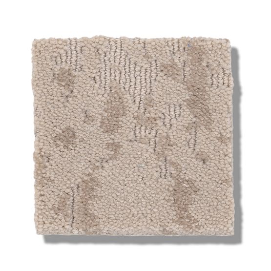 A square swatch of Ming On Trend Carpet in beige, shown on a white background with a subtle shadow; its luxurious yarns create an irregular pattern and a mix of looped and cut pile textures.