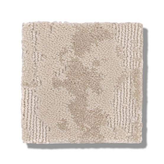 A square sample of Ming On Trend Carpet features luxurious textured beige yarns in light neutral shades, blending looped and cut pile fibers for a subtle pattern. The carpet sample is shown on a white background.