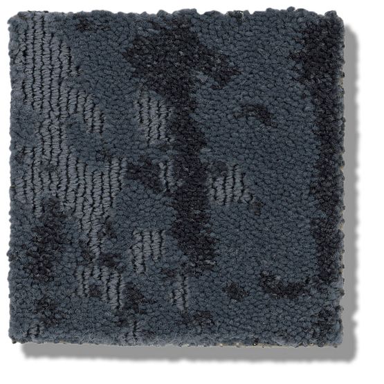 The Ming On Trend Carpet sample is a square, textured loop pile in variegated dark blue and black with luxurious yarns, an abstract pattern, and a subtly raised border.