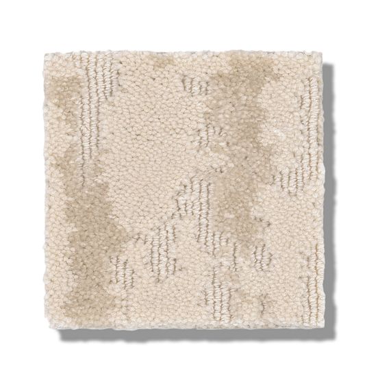 A square sample of Ming On Trend Carpet in textured beige, featuring a plush, soft feel and an uneven large-scale pattern, crafted from luxurious yarns and displayed against a white background.