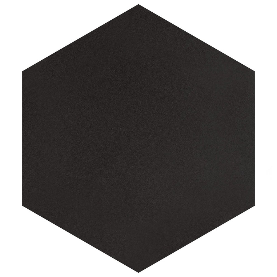 A solid black hexagon shape, inspired by the Mod Hex Matte Porcelain Tile collection, is centered on a white background.