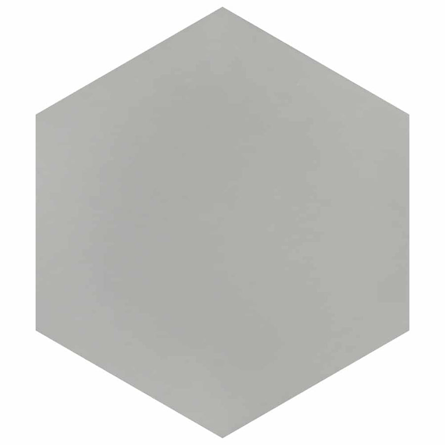 A flat, solid light gray hexagon shape on a white background, inspired by the Mod Hex Matte Porcelain Tile.