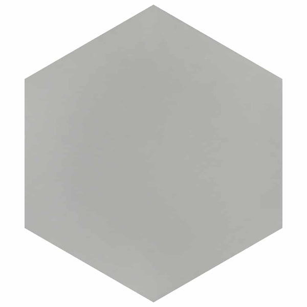 A flat, solid light gray hexagon shape on a white background, inspired by the Mod Hex Matte Porcelain Tile.