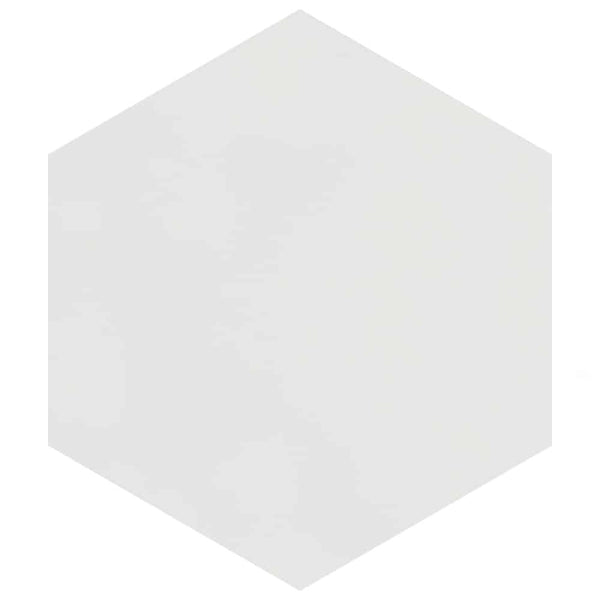 A Mod Hex Matte Porcelain Tile, featuring a plain white hexagon design, is centered on a white background.