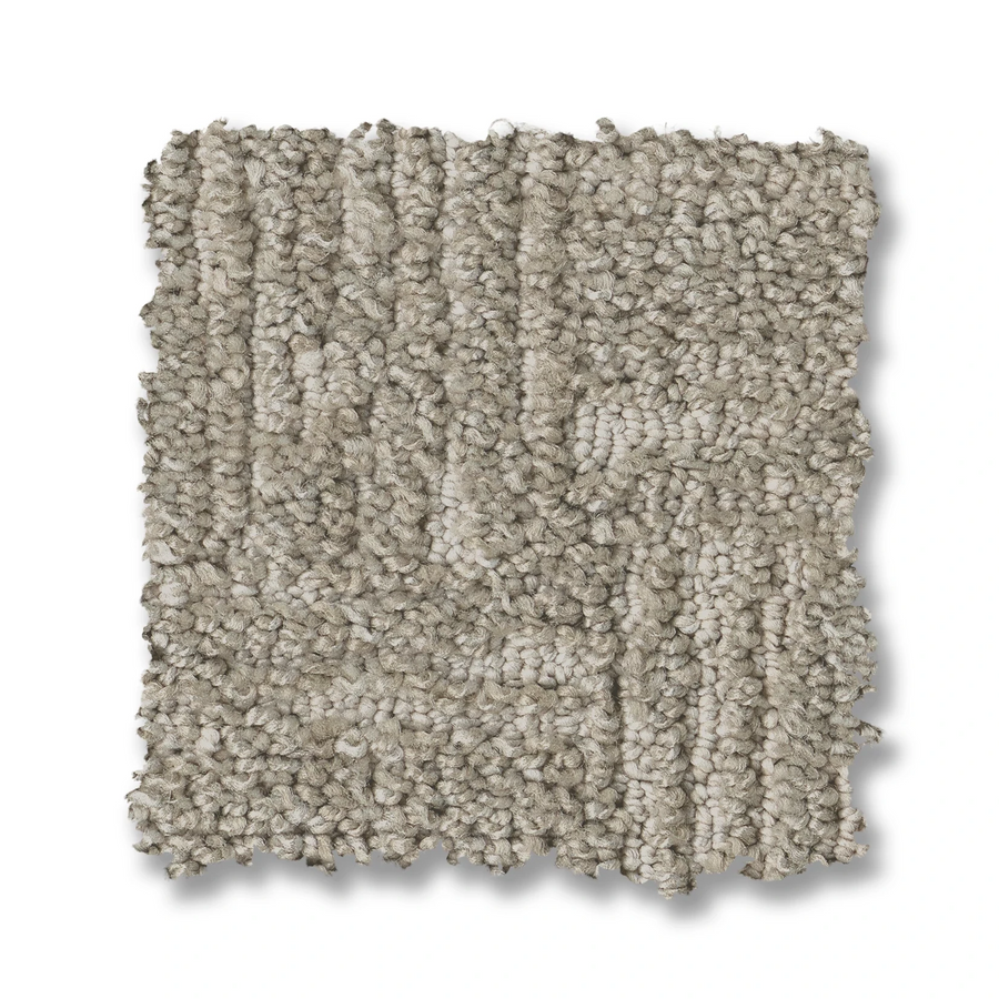 A close-up of the Moderne On Trend Carpet highlights its neutral tones and fashionable basket weave pattern.