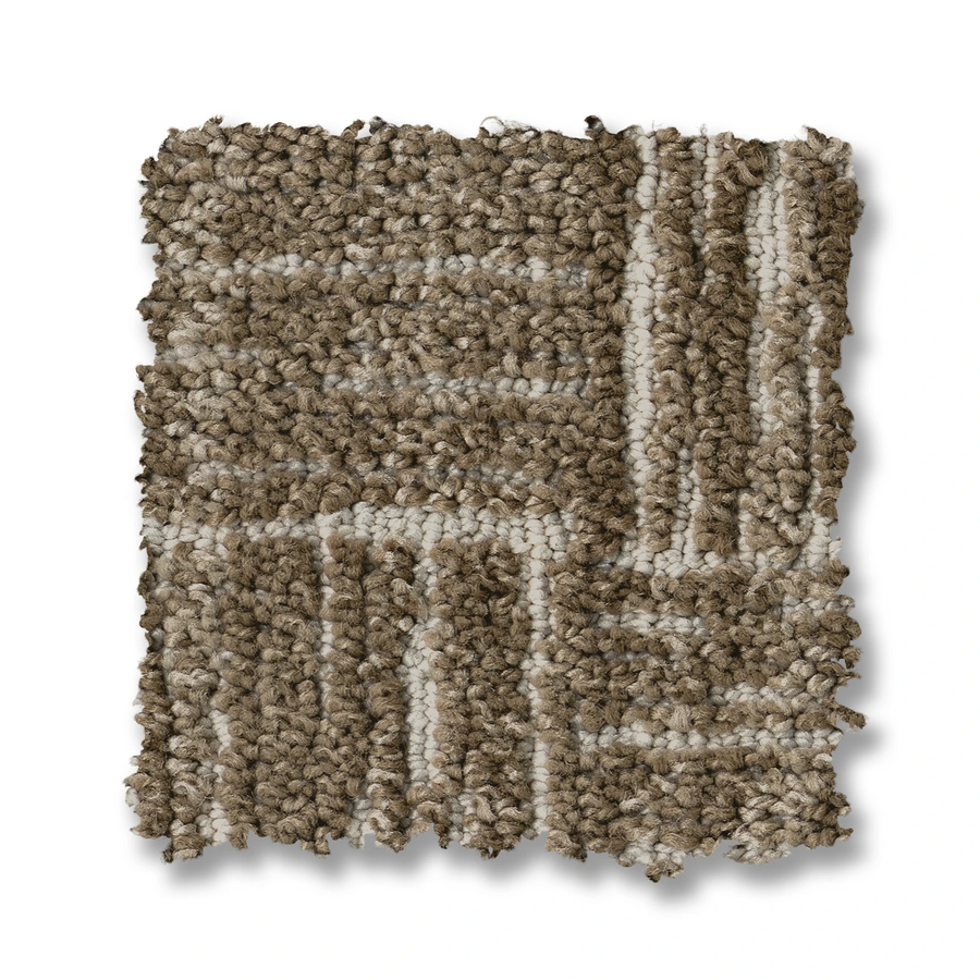 A square swatch of Moderne On Trend Carpet in beige and light brown, with a looped texture and subtle basket weave pattern of vertical and horizontal lines shown on a white background.