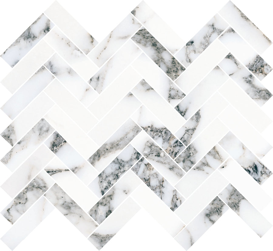 The Monte Carlo 1x3 Herringbone Mosaic Matte Porcelain Tile showcases natural gray veining on a white background, arranged in a striking herringbone pattern for an elegant and modern geometric flooring effect.