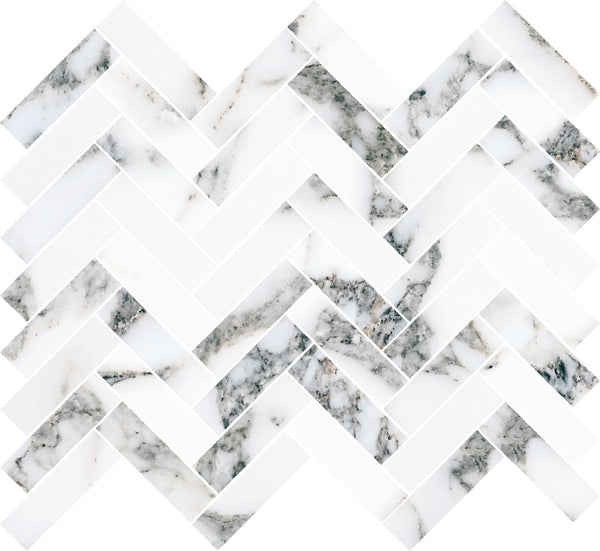 The Monte Carlo 1x3 Herringbone Mosaic Matte Porcelain Tile showcases natural gray veining on a white background, arranged in a striking herringbone pattern for an elegant and modern geometric flooring effect.