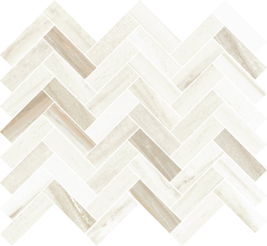 The Monte Carlo 1x3 Herringbone Mosaic Matte Porcelain Tile features a beige and white herringbone pattern with subtle tonal variation, creating a luxurious zigzag design ideal for elegant home flooring.