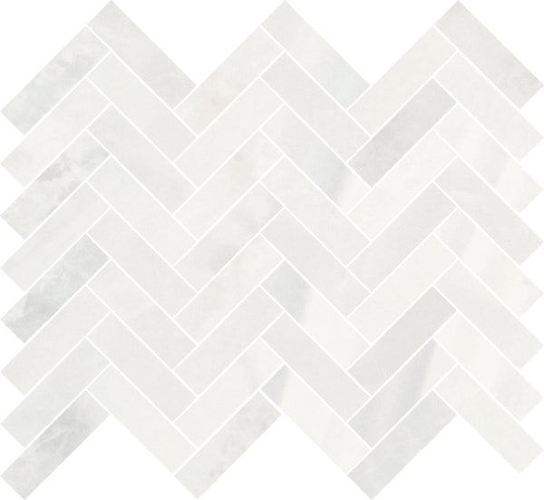 The Monte Carlo 1x3 Herringbone Mosaic Matte Porcelain Tile features a zigzag herringbone pattern with subtle gray veining, offering a sleek, modern look perfect for luxury home flooring.