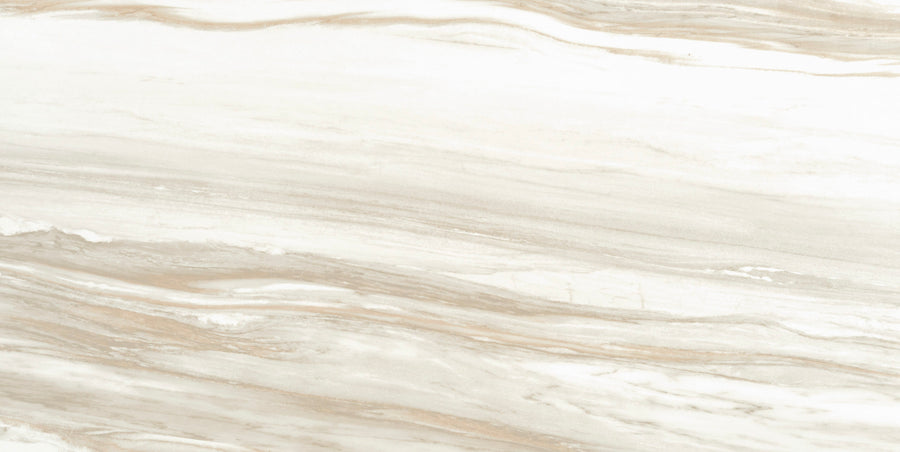 The Monte Carlo 24x48 Polished Porcelain Tile features a white marble look with light beige and tan veining, offering a smooth, polished finish ideal for luxurious and sophisticated home flooring designs.